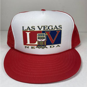 Vintage LAS VEGAS trucker‎ style red white adjustable cap / hat - Slot machine